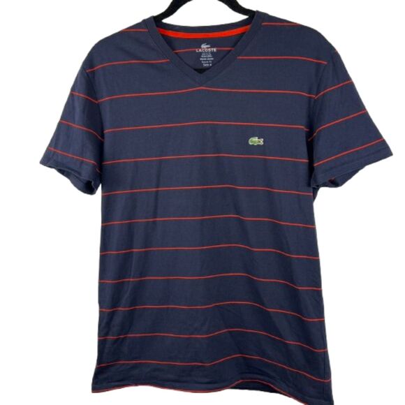 Lacoste Men's Cotton V-Neck Red & Blue Shirt Regular Fit Size Small - Picture 1 of 4